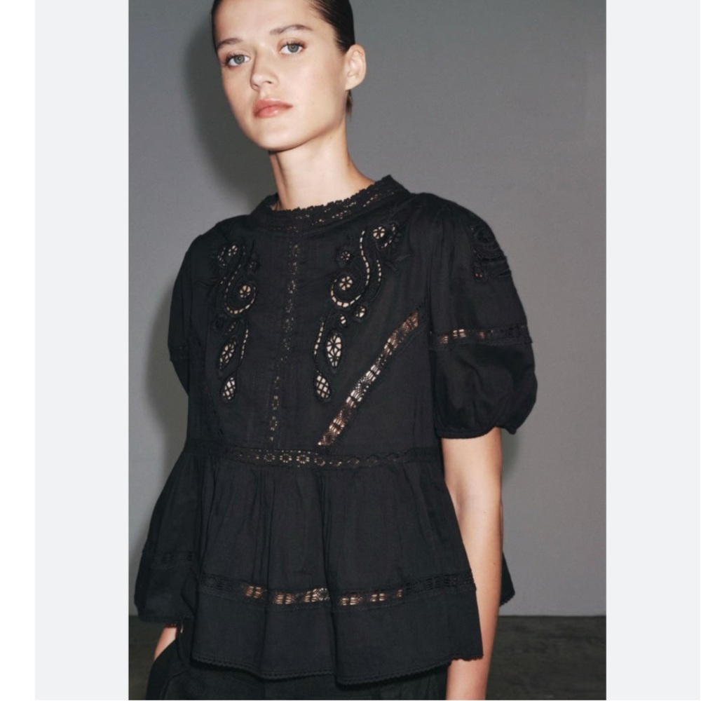 Zara Round Neck Short Sleeve Embroidered Romantic Blouse Top Sz:L Black - Picture 7 of 9